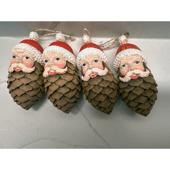 Vintage Set of 4 Pinecone Santa Claus Christmas Ornaments - Picture 1 of 4